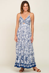 Navy Blue Floral Front Twist Maxi Dress