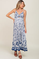 Navy Blue Floral Front Twist Maternity Maxi Dress