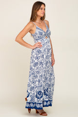 Navy Blue Floral Front Twist Maxi Dress