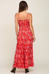 Red Floral Front Twist Maxi Dress