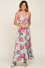 Light Blue Floral Front Twist Maternity Maxi Dress