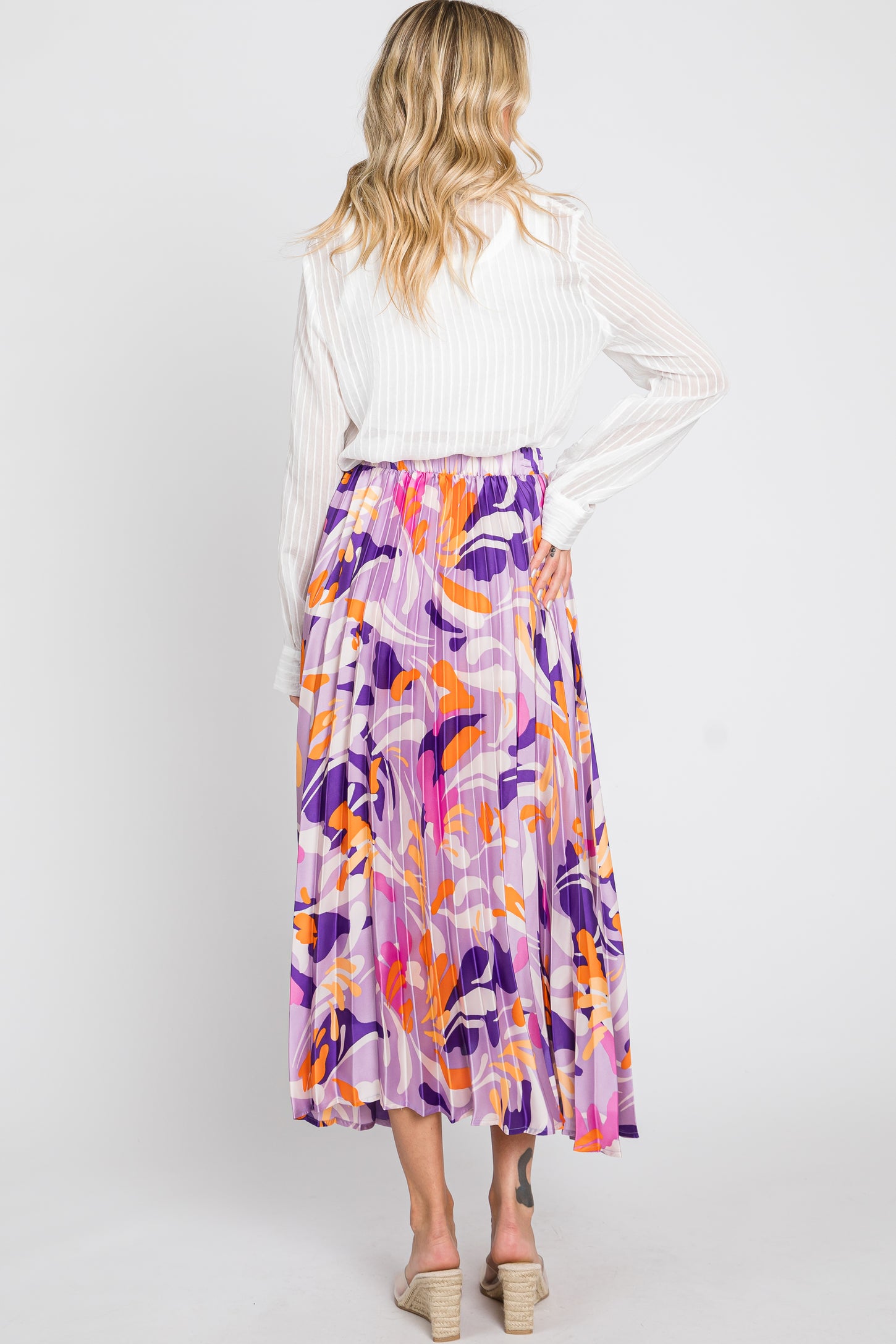 Lavender Printed Satin Pleated Midi Skirt