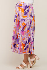 Lavender Printed Satin Pleated Maternity Midi Skirt