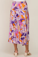 Lavender Printed Satin Pleated Maternity Midi Skirt