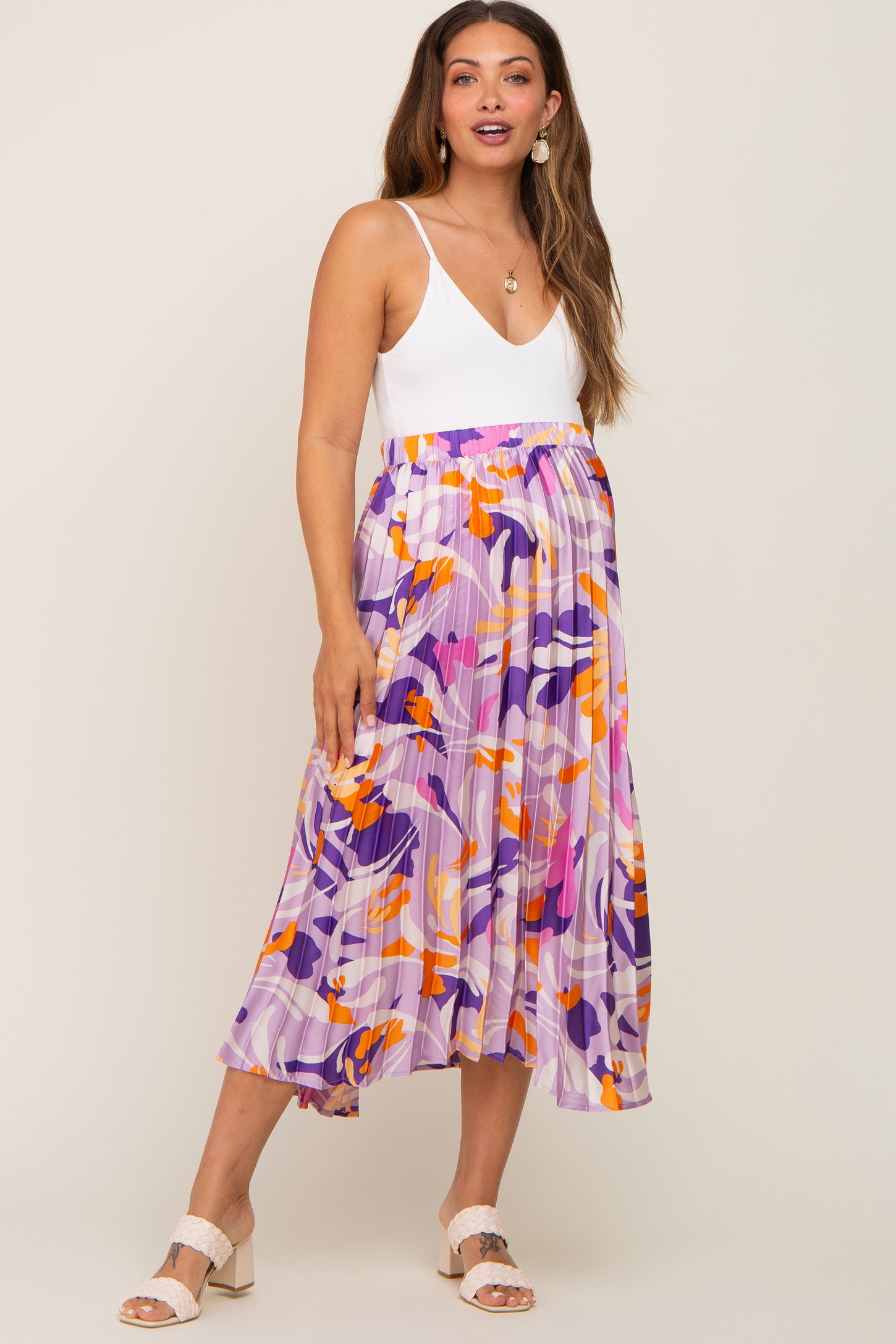 Lavender Printed Satin Pleated Maternity Midi Skirt