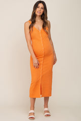 Orange Waffle Knit Snap Front Button Maternity Midi Dress