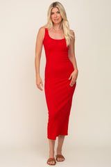 Red Ribbed Basic Maternity Maxi Dress