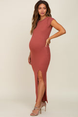 Rust Ribbed Side Slit Maternity Maxi Dress