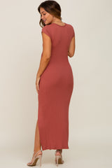 Rust Ribbed Side Slit Maternity Maxi Dress