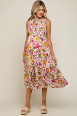 Ivory Floral Smocked Ruffle Neck Maternity Midi Dress