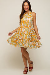 Orange Floral Tiered Ruffle Mock Neck Maternity Dress