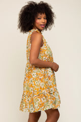 Orange Floral Tiered Ruffle Mock Neck Dress