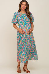 Teal Floral Chiffon Pleated Maternity Midi Dress