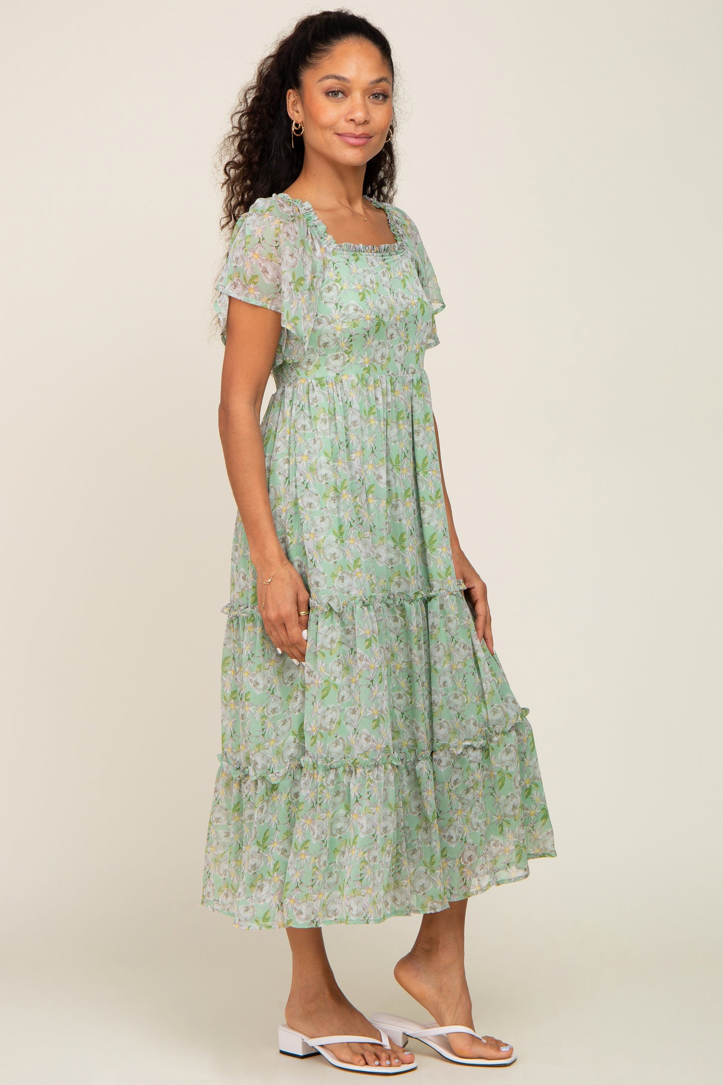 Mint Green Floral Chiffon Tiered Midi Dress