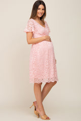 Pink Lace Knee Length Maternity Dress