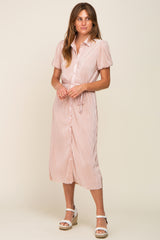 Light Pink Pleated Button-Down Collared Midi Dress