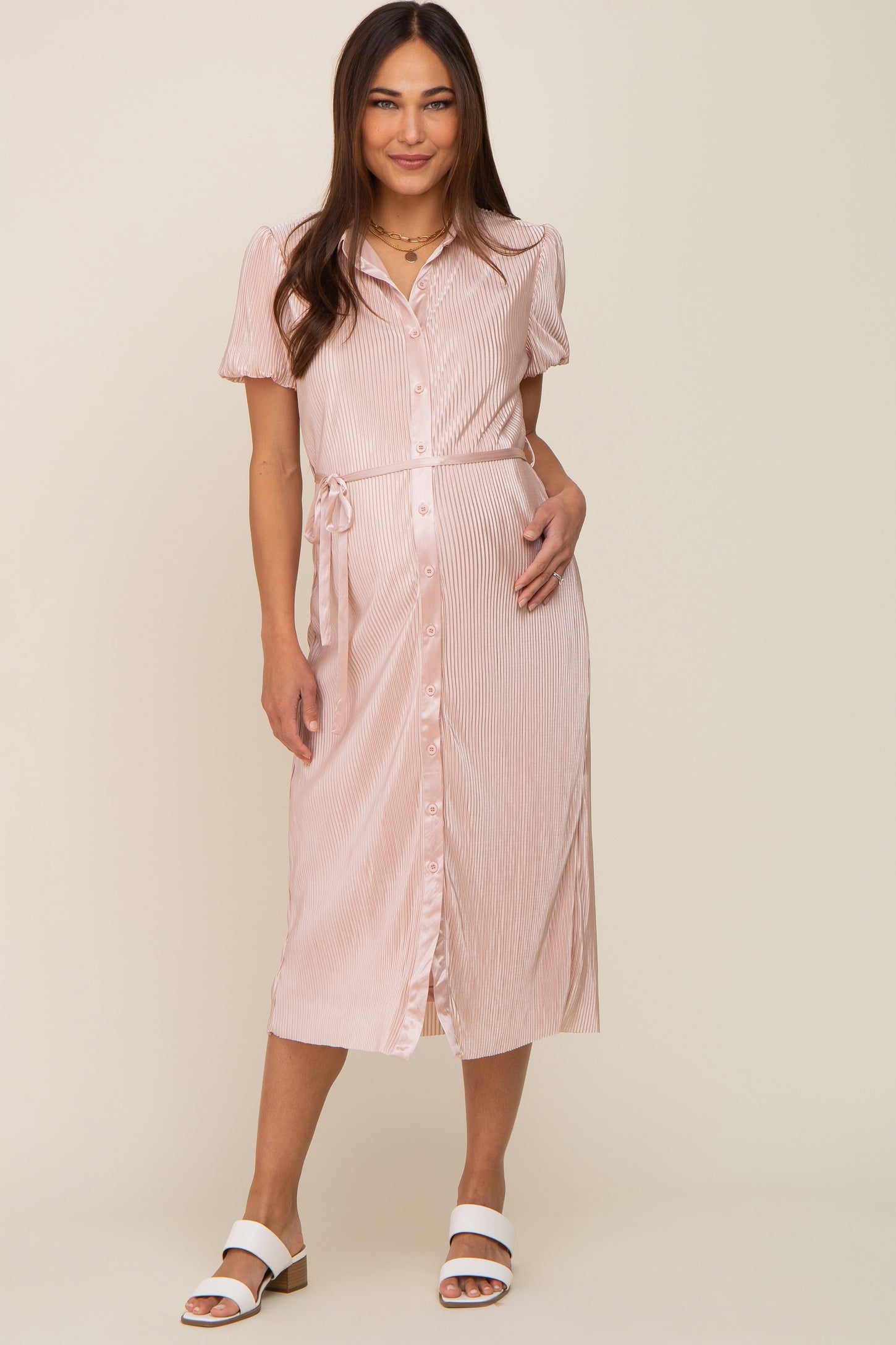 Light Pink Pleated Button-Down Collared Maternity Midi Dress