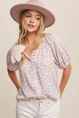 Light Pink Floral Button Front Short Sleeve Top