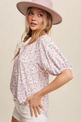 Light Pink Floral Button Front Short Sleeve Top