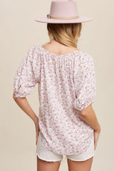 Light Pink Floral Button Front Short Sleeve Top