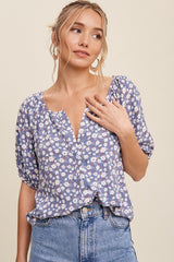 Blue Floral Button Front Short Sleeve Maternity Top