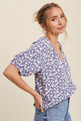 Blue Floral Button Front Short Sleeve Top