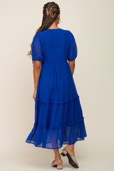 Royal Blue Chiffon Smocked V-Neck Ruffle Tiered Midi Dress