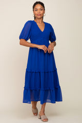 Royal Blue Chiffon Smocked V-Neck Ruffle Tiered Midi Dress