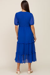 Royal Blue Chiffon Smocked V-Neck Ruffle Tiered Maternity Midi Dress