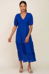 Royal Blue Chiffon Smocked V-Neck Ruffle Tiered Midi Dress