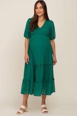 Forest Green Chiffon Smocked V-Neck Ruffle Tiered Maternity Midi Dress