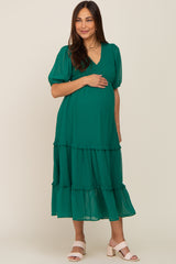 Forest Green Chiffon Smocked V-Neck Ruffle Tiered Maternity Midi Dress