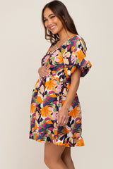 Multicolor Floral Pint Puff Sleeve Maternity Dress