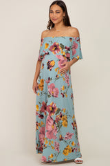 Mint Green Floral Off Shoulder Maternity Maxi Dress