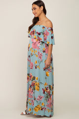 Mint Green Floral Off Shoulder Maternity Maxi Dress