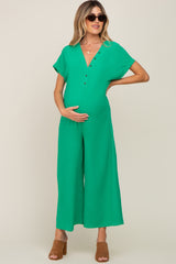 Green Front Button Accent Maternity Jumpsuit