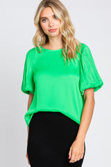 Green Satin Pleated Puff Short Sleeve Maternity Blouse