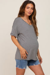 Charcoal Striped Front Pocket Maternity Short Sleeve Top