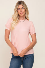 Light Pink Textured Ribbed Short Puff Sleeve Top