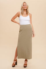 Light Olive Striped Side Slit Maxi Skirt