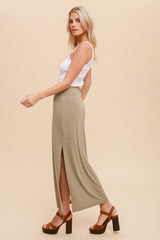 Light Olive Striped Side Slit Maxi Skirt