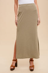 Light Olive Striped Side Slit Maxi Skirt