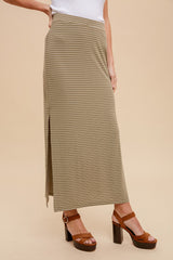 Light Olive Striped Side Slit Maxi Skirt