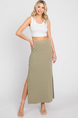 Light Olive Striped Side Slit Maxi Skirt