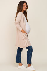 Beige Open Front Side Pocket Maternity Cardigan