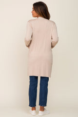 Beige Open Front Side Pocket Maternity Cardigan