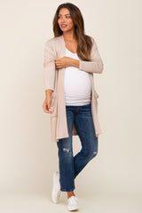 Beige Open Front Side Pocket Maternity Cardigan