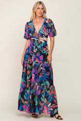 Black Multi Color Floral Puff Sleeve Cutout Maxi Dress