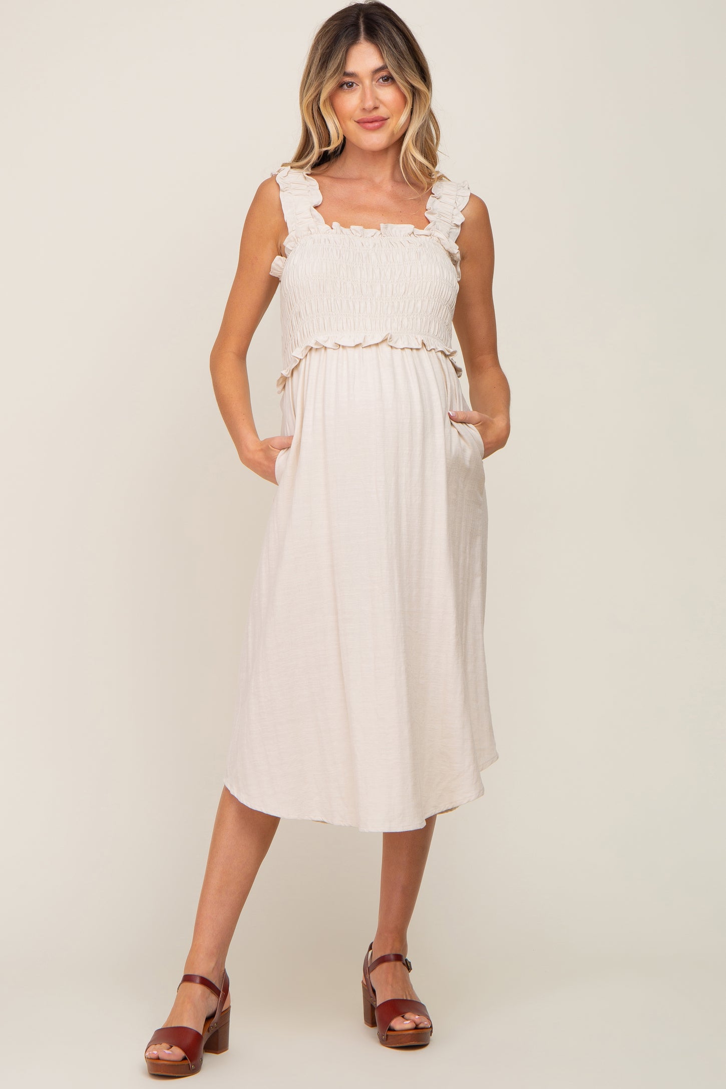 Beige Square Neck Smocked Sleeveless Maternity Midi Dress