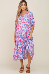 Lavender Floral Tiered Short Sleeve Maternity Midi Dress